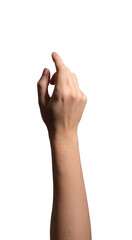 Female hand with slightly curved index finger making a pressing or selecting gesture. Natural wrist...