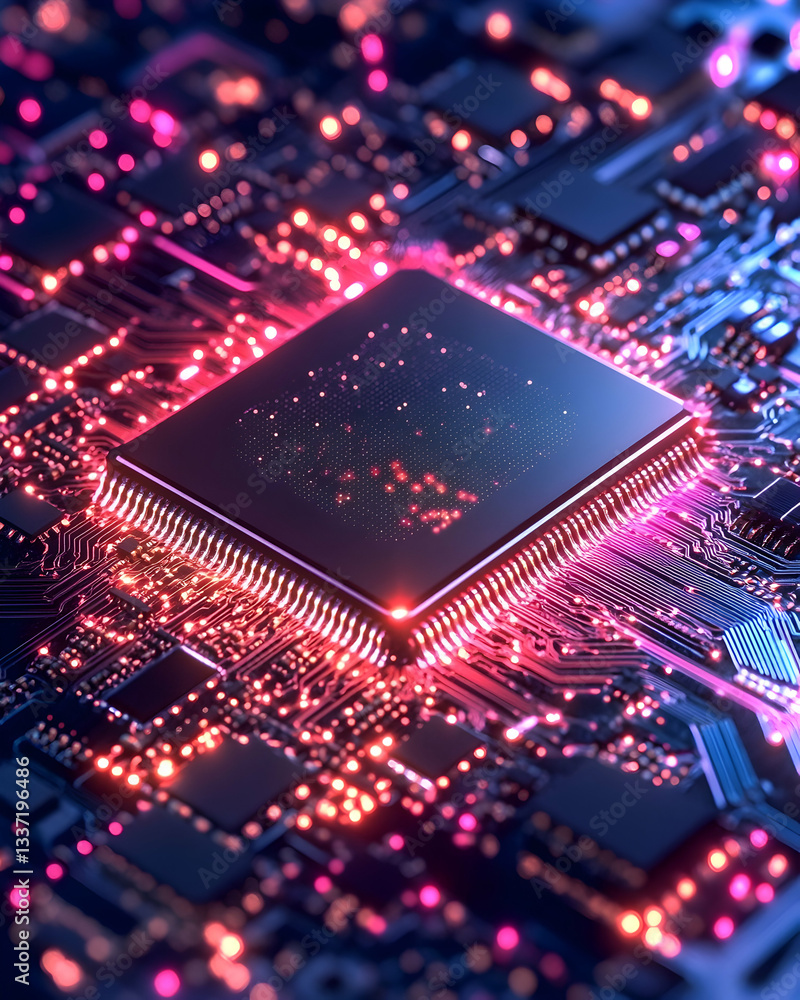 Poster glowing central processing unit on a circuit board