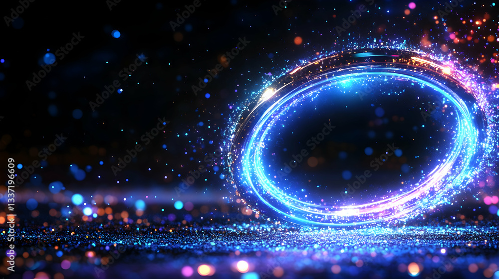 Poster glowing circular light trails on dark background with sparkles