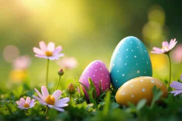 Hidden Easter eggs amongst wildflowers, soft focus, bokeh, artistic, hunt