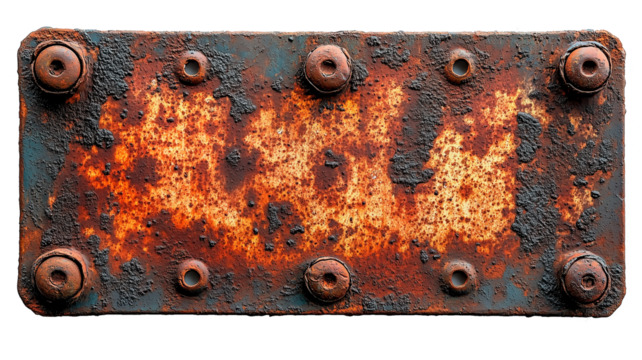 ultra-realistic, frontal rusty metal plate with screws on edges, warning sign, transparent background