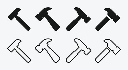 Hammer Icons Set – Solid Black and Outline Design. Hammer Icon Collection. Construction Tool Icons.