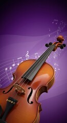 Beautiful violin against a purple background with musical notes flowing around it in a creative display of art. Vertical HD background.