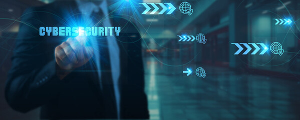 Businessman touches a technology point in hand network connection on cybersecurity, data protection, secure networks, encryption, risk management, technology, and futuristic solutions