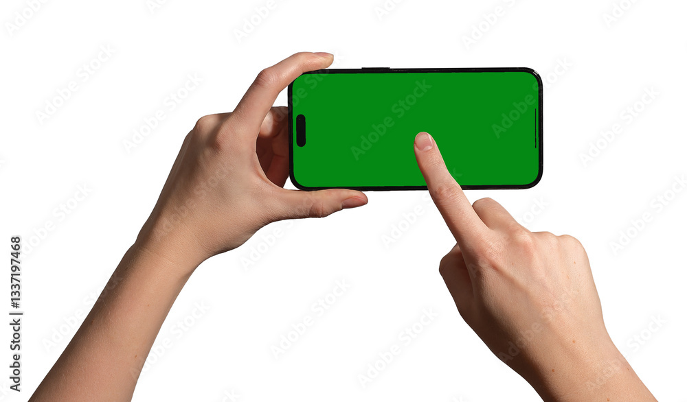 Poster hand holding a smartphone horizontally with a blank green chromakey screen, index finger tapping the