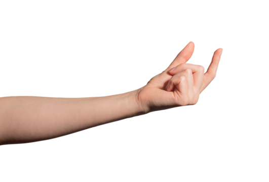 Hand grasping an invisible object between thumb and index finger. Gesture showing grip, motion, and positioning. Caucasian female presenting item. Isolated on white background..