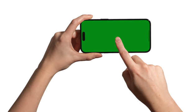 Hand holding a smartphone horizontally with a blank green chromakey screen, index finger tapping the center for interaction. Ideal for video, gaming, and app promotion. Isolated on white background..