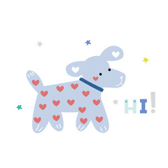 Cute cartoon dog with hearts. Childish graphic. Vector hand drawn illustration.