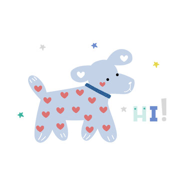 Cute cartoon dog with hearts. Childish graphic. Vector hand drawn illustration.
