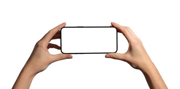 Hand holding a smartphone horizontally with a blank screen, perfect for video, gaming, and app mockup. Caucasian female presenting device for advertising and promotion. Isolated on white background..