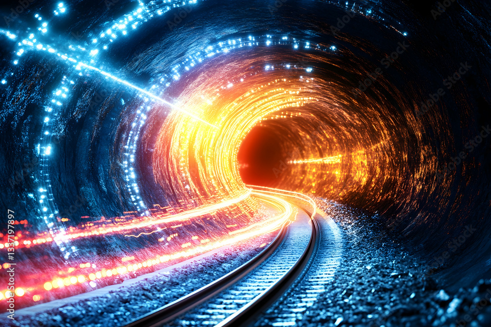 Poster glowing digital data stream within a curving train tunnel
