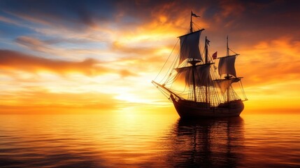 Fototapeta premium A majestic sailing ship silhouetted against a vibrant sunset, reflecting on calm waters, This image captures adventure and tranquility, ideal for travel, maritime themes, or inspirational content,