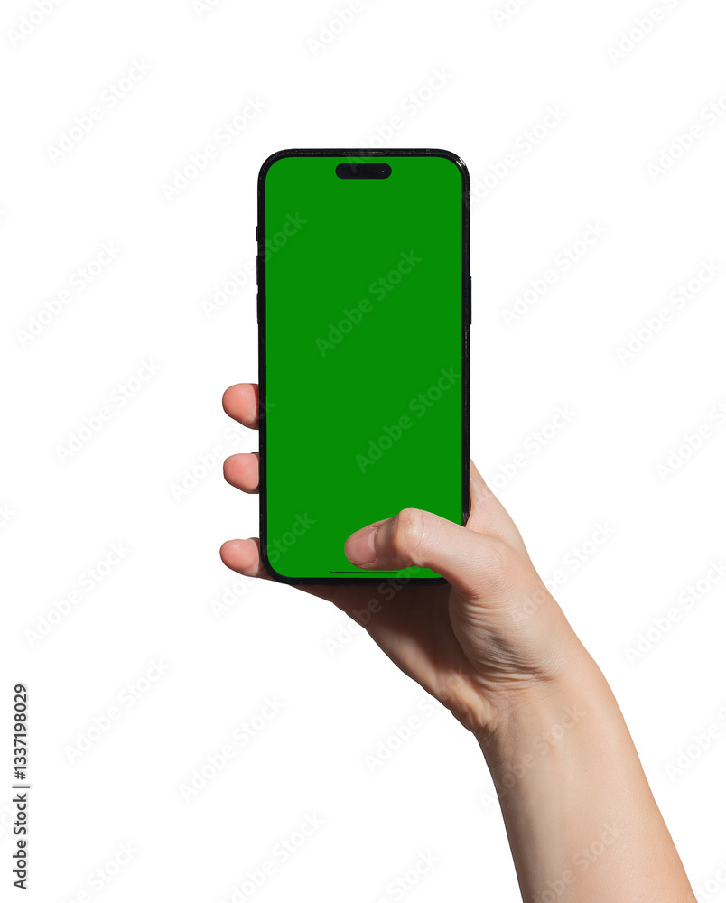 Poster Hand holding a smartphone with a blank green chromakey screen, thumb touching the screen for biometric authentication or interaction. Ideal for app promotion and mockup. Isolated on white background..