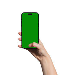 Hand holding a smartphone with a blank green chromakey screen, thumb touching the screen for...