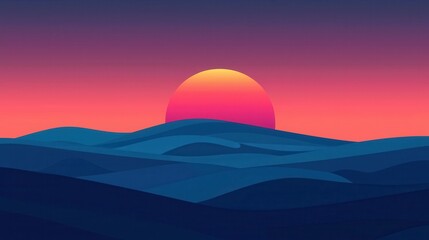 Obraz premium Vibrant Sunset Over Rolling Hills Minimalist Landscape Illustration