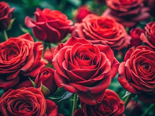 Minimalist Close-Up: Abundant Red Roses in Full Bloom - Stock Photo