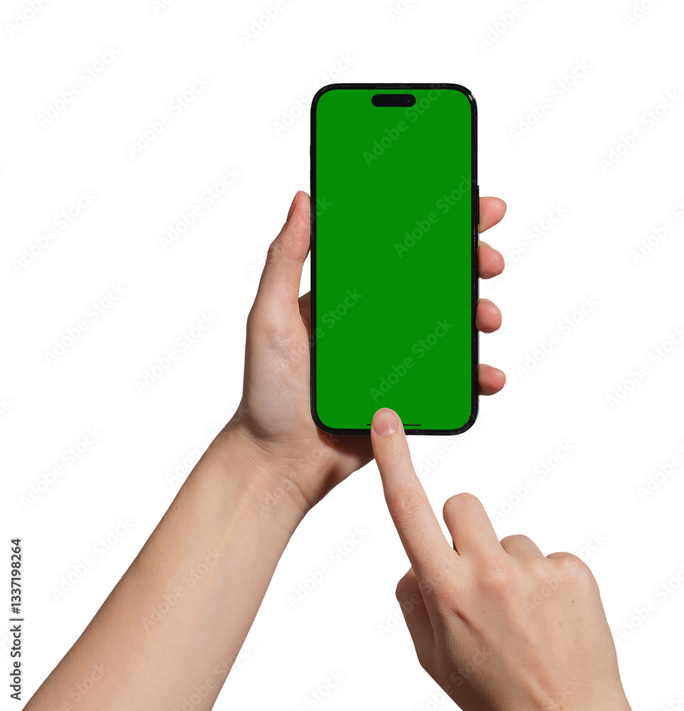 Aufkleber hand holding a smartphone with a blank green chromakey screen, index finger tapping to capture or in