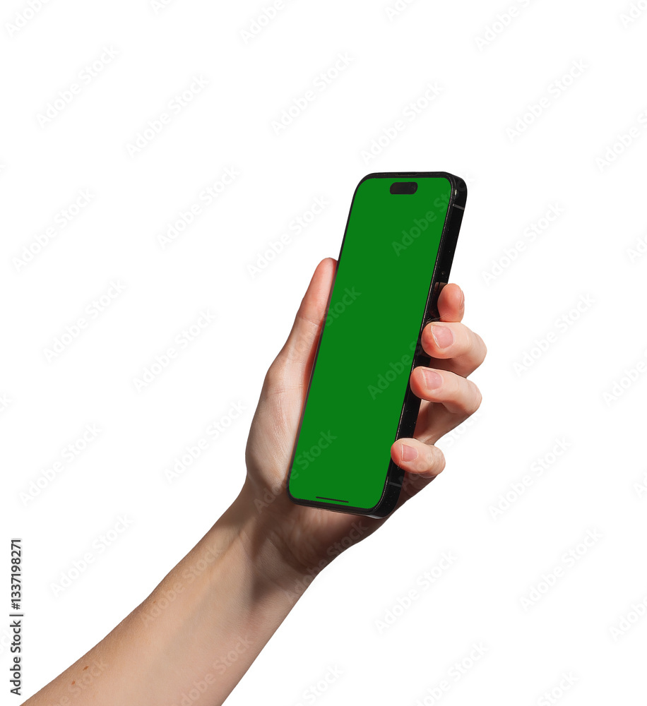 Aufkleber hand holding a smartphone with a blank green chromakey screen, tilted for a dynamic perspective. iso