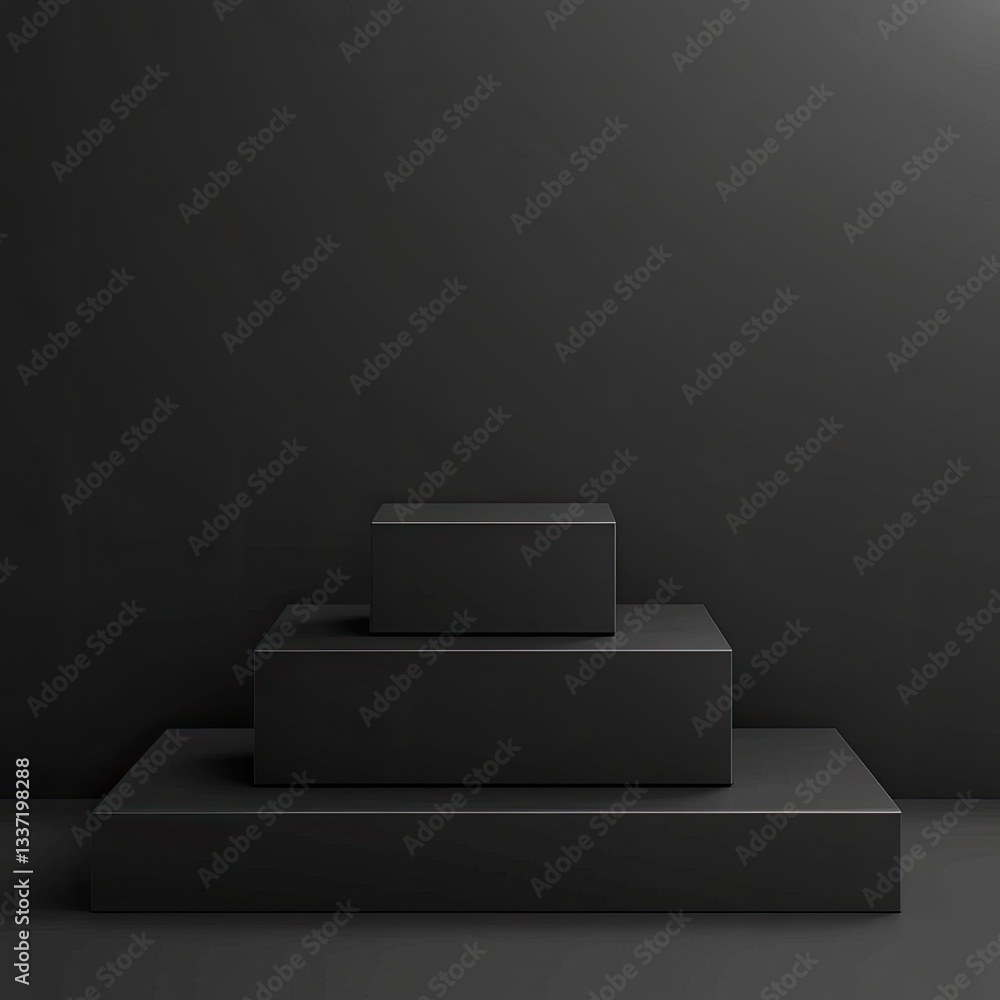 Poster three black cuboid platforms on a dark background minimalist product display studio setting