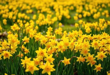 Obraz premium Vibrant yellow daffodils carpet a sunlit field, botany, springtime
