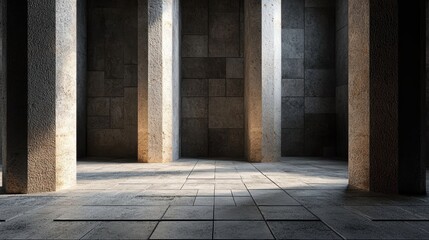 Obraz premium A spacious, illuminated stone interior with tall pillars and textured walls, perfect for architectural projects, backgrounds, or mystical scene settings in various creative contexts,