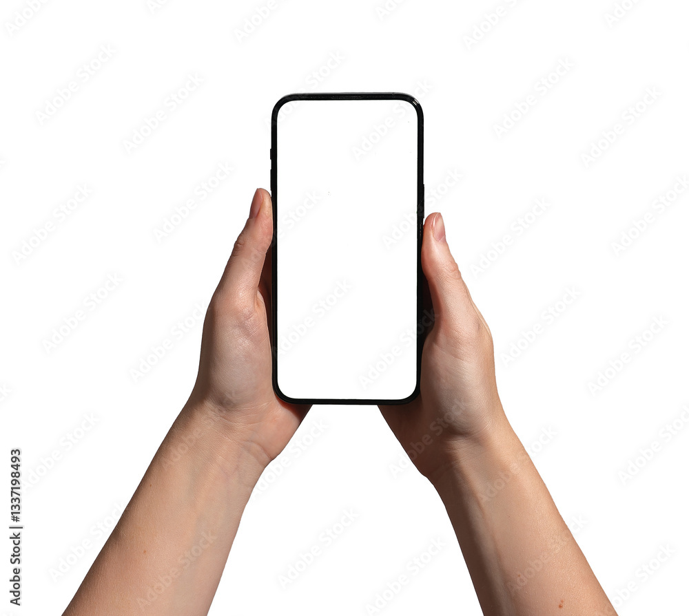Poster hand holding a smartphone with a blank screen, ideal for advertising, promotion, and mockup. caucasi