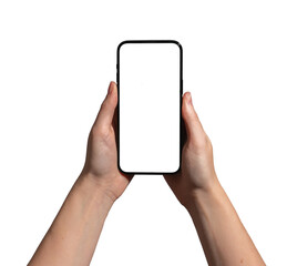 Hand holding a smartphone with a blank screen, ideal for advertising, promotion, and mockup....