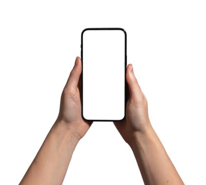 Hand holding a smartphone with a blank screen, ideal for advertising, promotion, and mockup. Caucasian female presenting device for display and use. Isolated on white background..