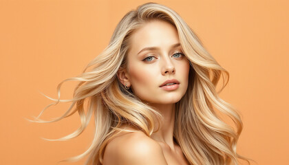 Close-up portrait of a stunning woman, featuring wavy blonde hair, blue eyes, and an orange background, highlighting beauty and simplicity.