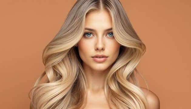 Close-up portrait of a stunning woman, featuring wavy blonde hair, blue eyes, and an orange background, highlighting beauty and simplicity.

