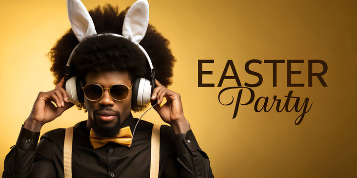 Nightclub invite on easter party celebration funky crazy dj in white headset sing song sound melody listen music dance wear bunny ears suspenders isolated