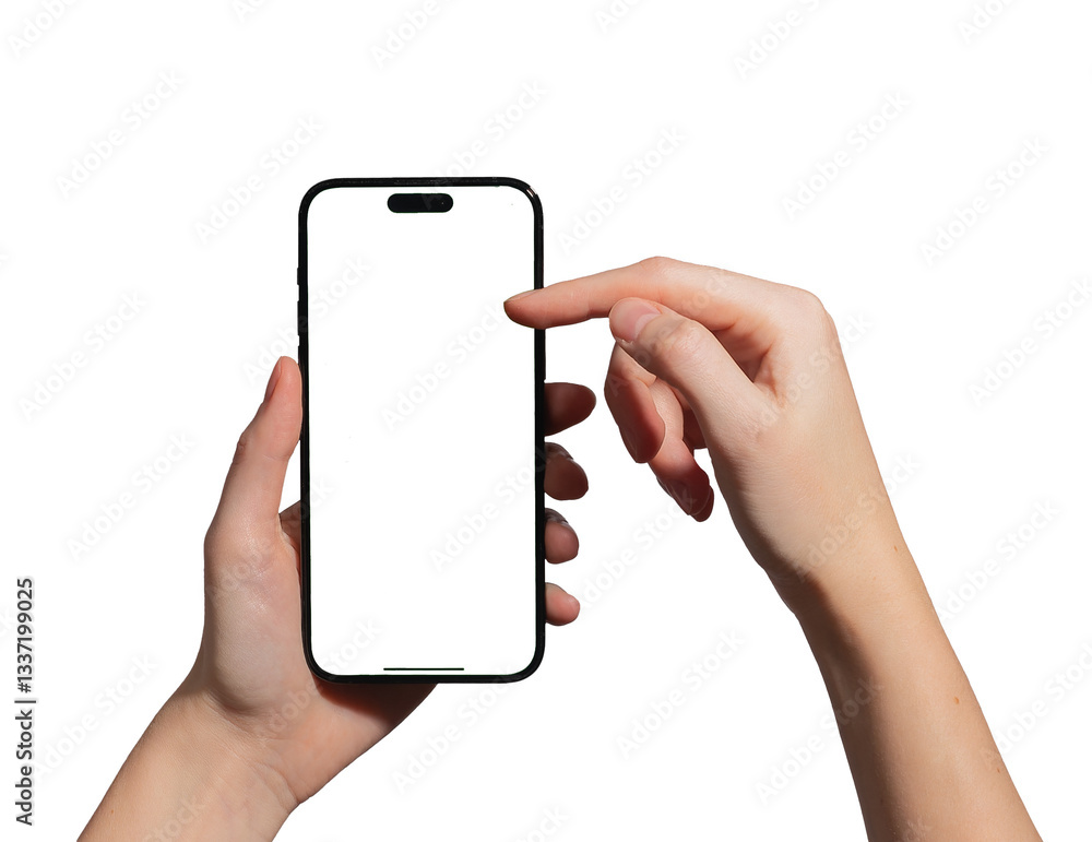 Poster hand holding a smartphone with a blank screen, scrolling and surfing online. female presenting mobil