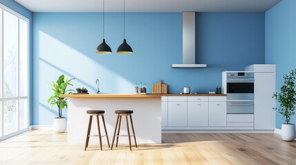 Modern, bright kitchen with light blue walls and white cabinets.  Sun-drenched space with a central island and bar stools