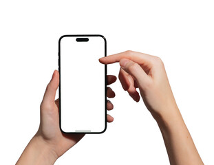 Hand holding a smartphone with a blank screen, scrolling and surfing online. Female presenting...