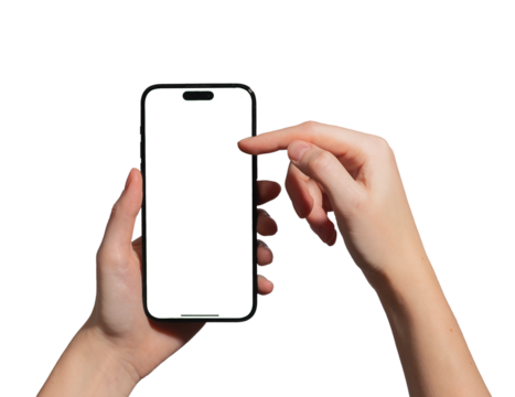 Hand holding a smartphone with a blank screen, scrolling and surfing online. Female presenting mobile device for app, advertising, and promotion concept. Isolated on white background..