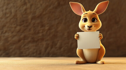 Cute animated rabbit holding a blank sign in a warm, textured environment with soft lighting