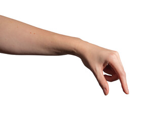 Hand in precise gesture, fingers holding an invisible object between thumb and index. Subtle motion, careful grip, and selection. Precision grip for measuring or interacting with product. Isolated on.