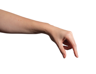 Hand in precise gesture, fingers holding an invisible object between thumb and index. Subtle motion, careful grip, and selection. Precision grip for measuring or interacting with product. Isolated on.