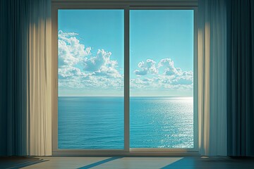 A large window showcasing a beautiful ocean with puffy clouds in sky
