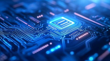 Futuristic circuit board design, glowing blue microchip surrounded by intricate circuitry, ideal for technology themes.