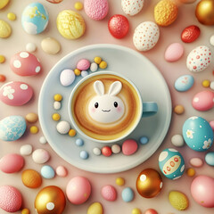 Easter Coffee with Bunny Latte Art and Decorated Eggs