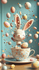 Easter Bunny Joyfully Surrounded by Colorful Eggs in a Decorative Cup