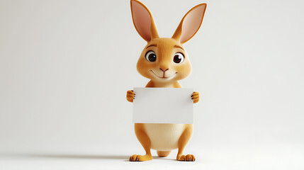 A cheerful cartoon rabbit holding a blank sign in a bright, minimalistic studio setting