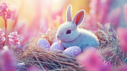 A bunny sitting in a nest of eggs surrounded by beautiful pink flowers, perfect for Easter 