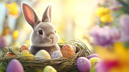Easter Bunny and Colorful Eggs in a Nest