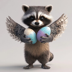 A cute raccoon with wings holding colorful Easter eggs