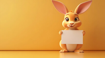 Cute cartoon rabbit holding a blank sign in a vibrant yellow background, ideal for children's content