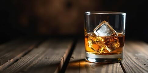 Crystal glass of whiskey, melting ice, aged wooden barrel, oak, close up, background