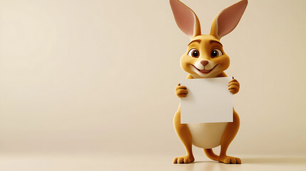 Cheerful animated rabbit holding a blank sign against a soft beige background, inviting creativity