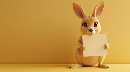 Cute animated rabbit holding a blank sign against a yellow background, inviting creativity